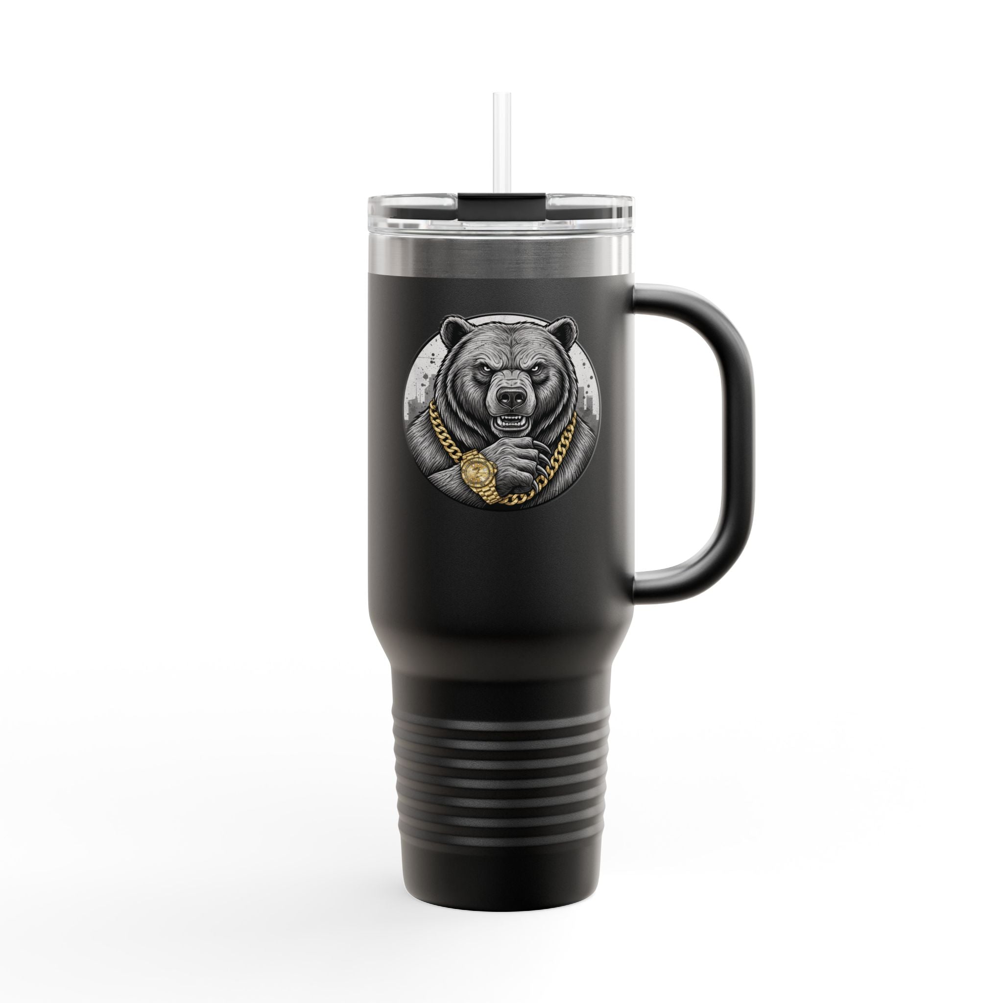 40oz Insulated Travel Mug — Gold Chain Grizzly Bear Design