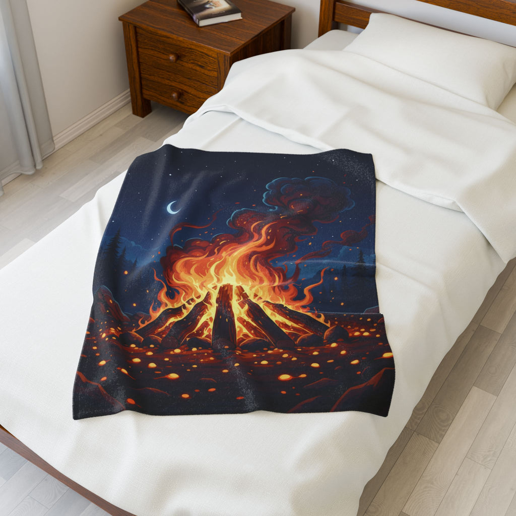 Campfire Night Velveteen Plush Blanket — Cozy Outdoor Fire Illustration Throw