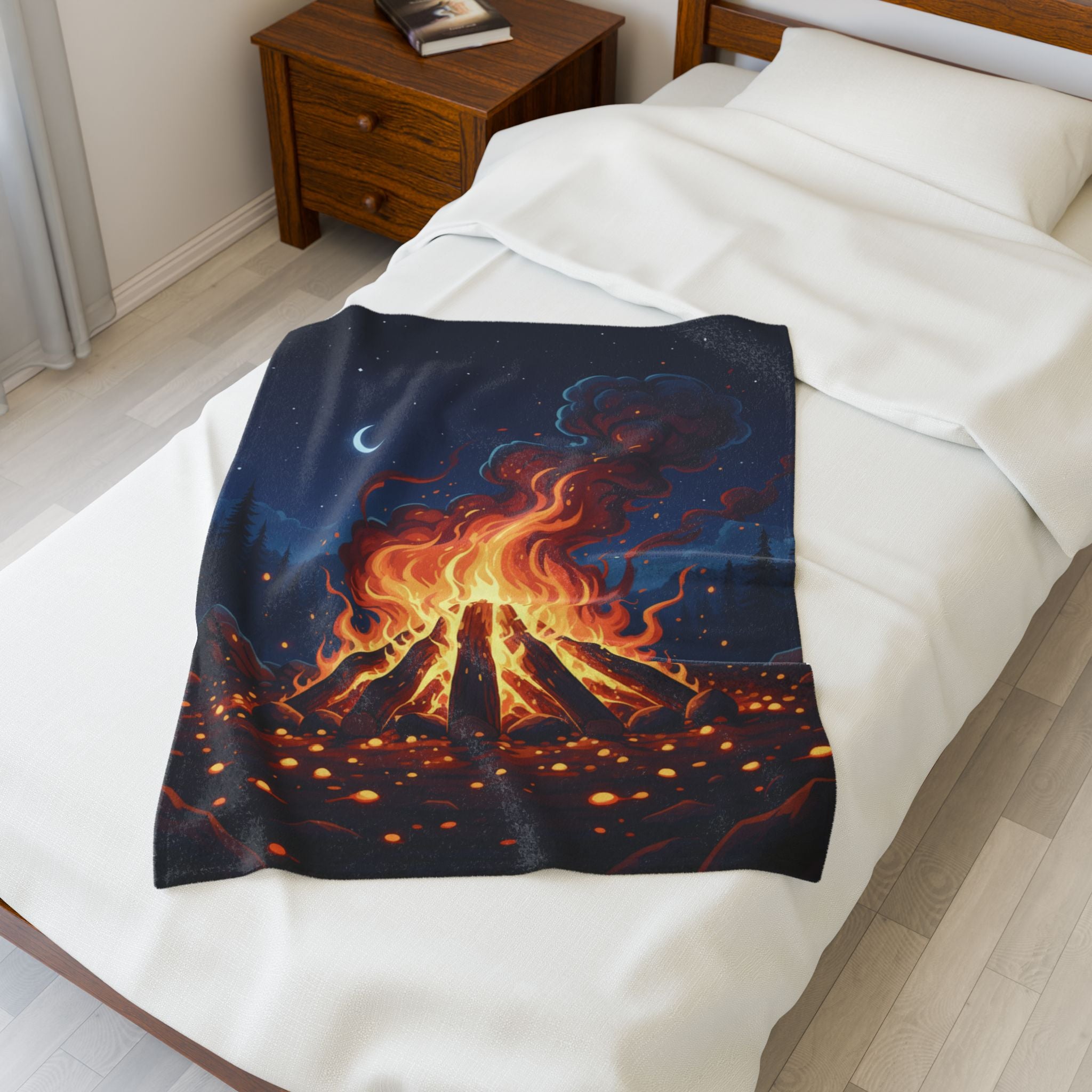 Campfire Night Velveteen Plush Blanket — Cozy Outdoor Fire Illustration Throw