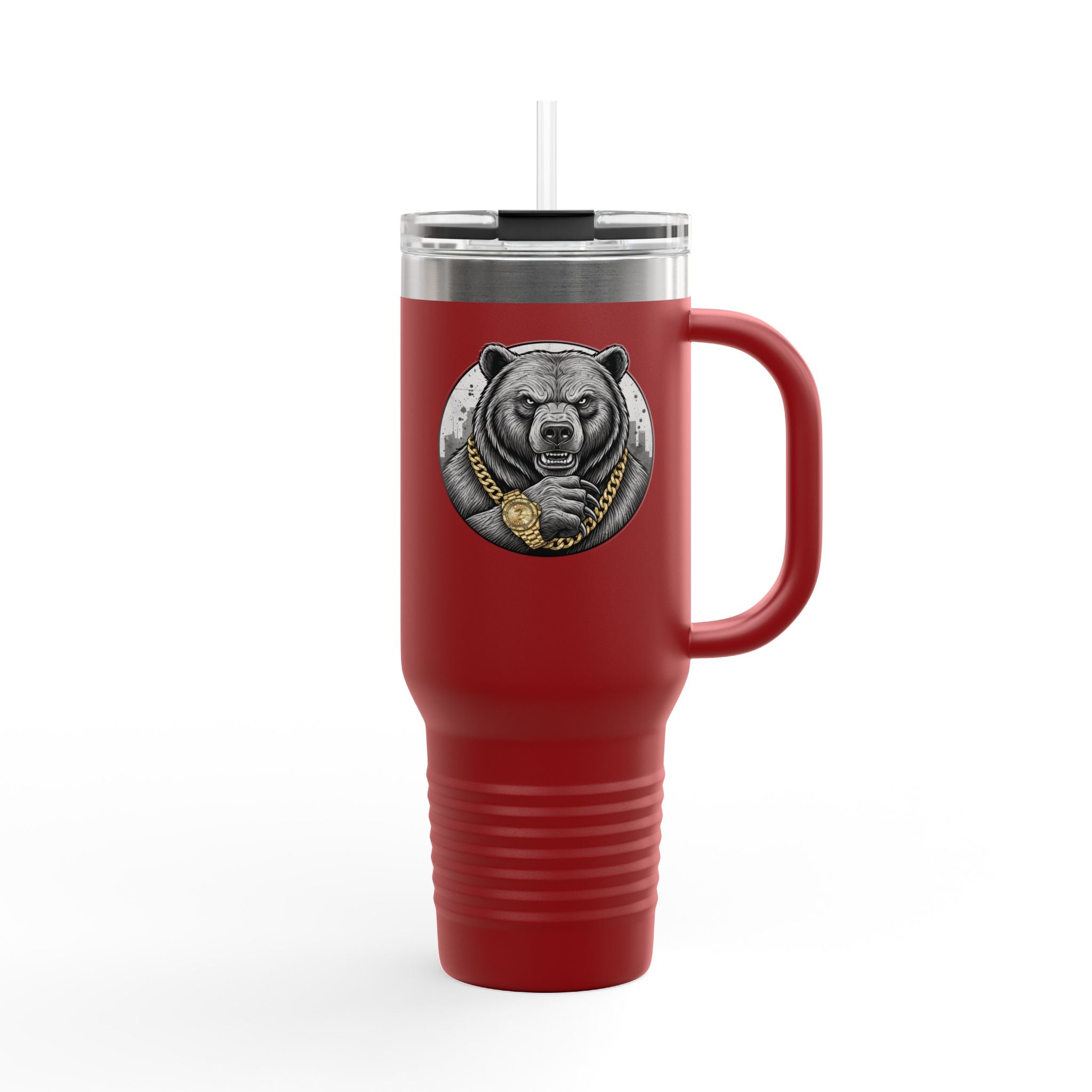 40oz Insulated Travel Mug — Gold Chain Grizzly Bear Design