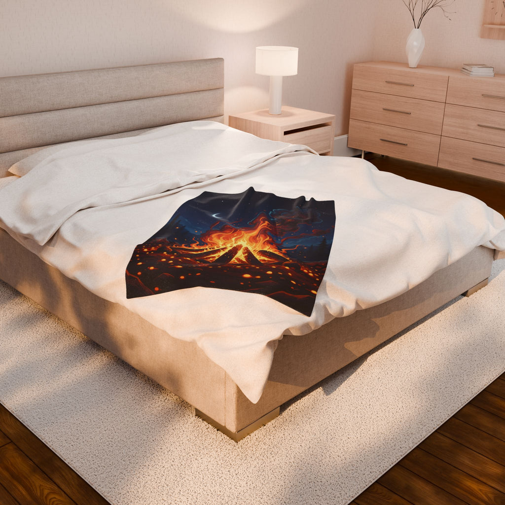 Campfire Night Velveteen Plush Blanket — Cozy Outdoor Fire Illustration Throw