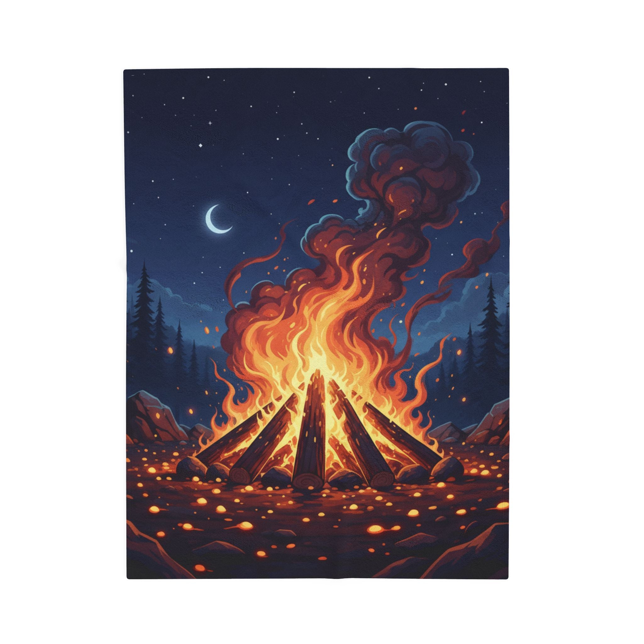 Campfire Night Velveteen Plush Blanket — Cozy Outdoor Fire Illustration Throw