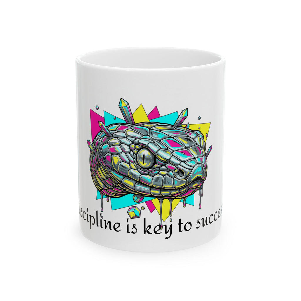 Snake Head Ceramic Mug — Colorful Geometric Art with “Discipline is Key to Success” Quote