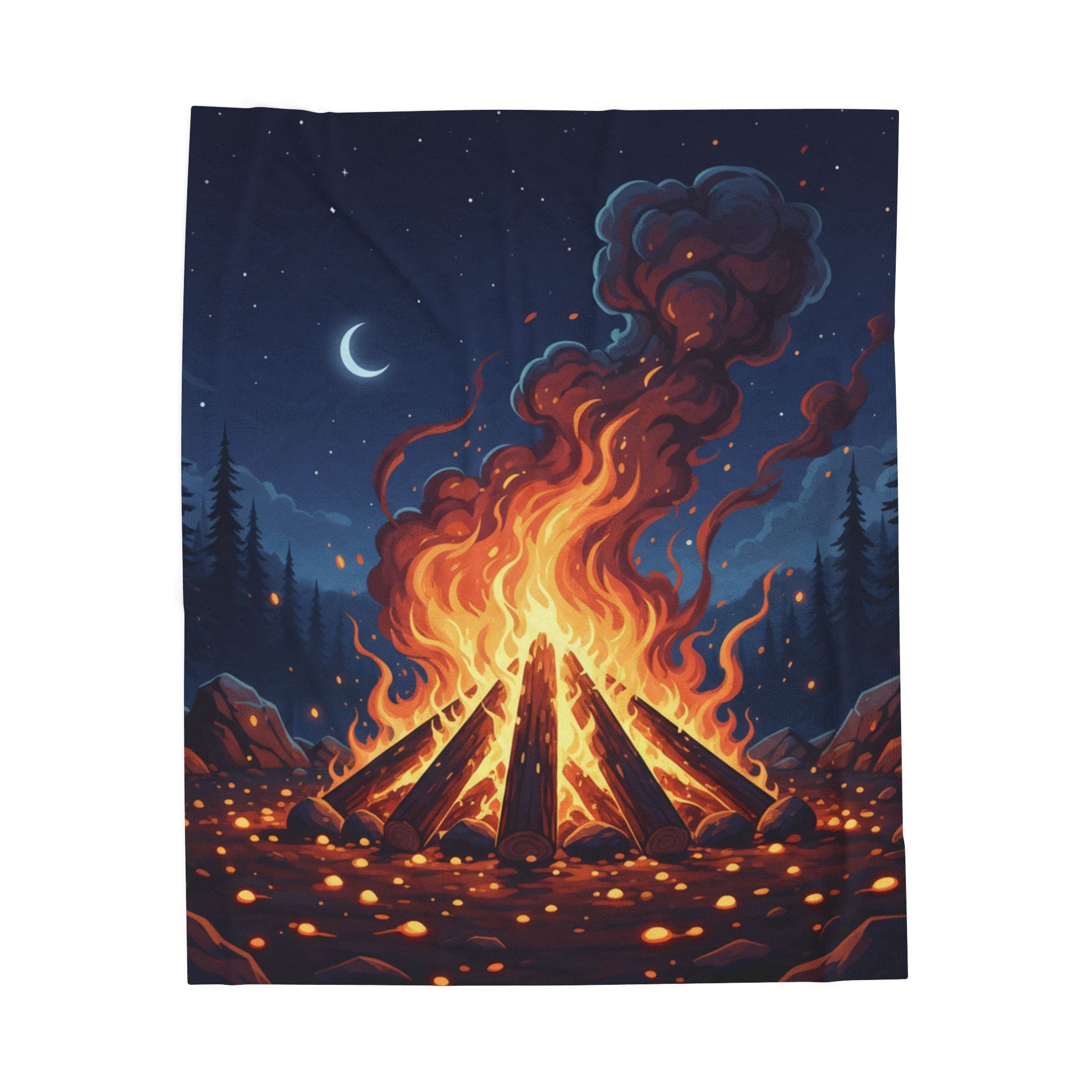 Campfire Night Velveteen Plush Blanket — Cozy Outdoor Fire Illustration Throw