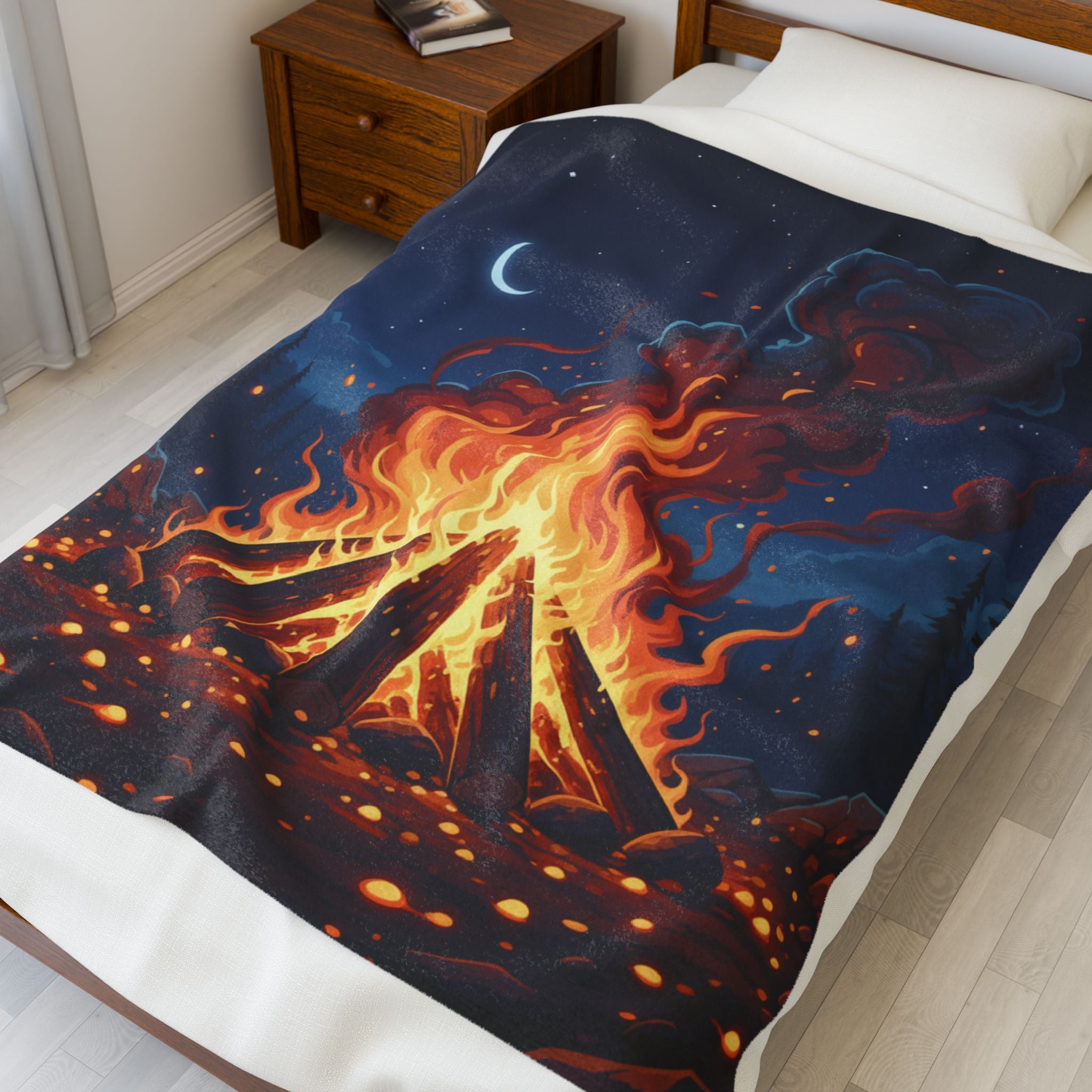 Campfire Night Velveteen Plush Blanket — Cozy Outdoor Fire Illustration Throw