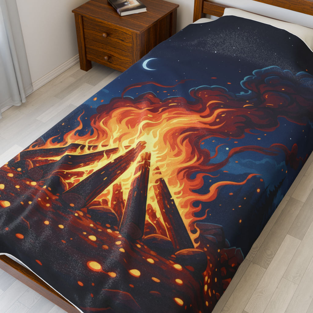 Campfire Night Velveteen Plush Blanket — Cozy Outdoor Fire Illustration Throw