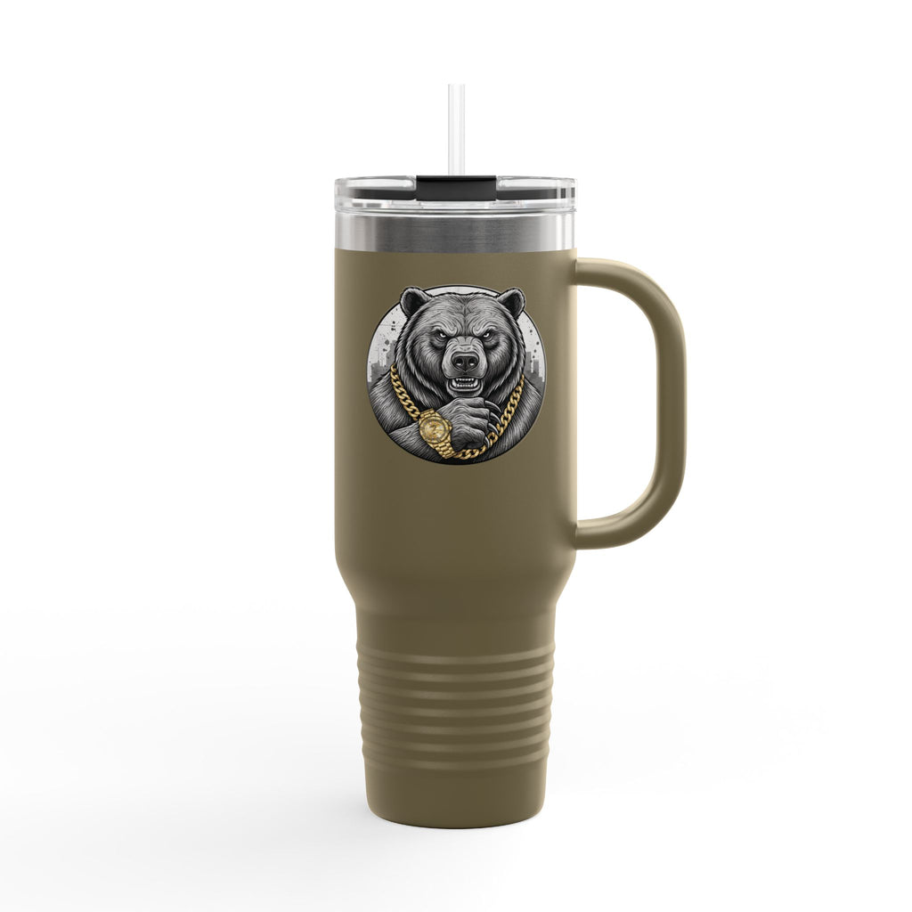 40oz Insulated Travel Mug — Gold Chain Grizzly Bear Design
