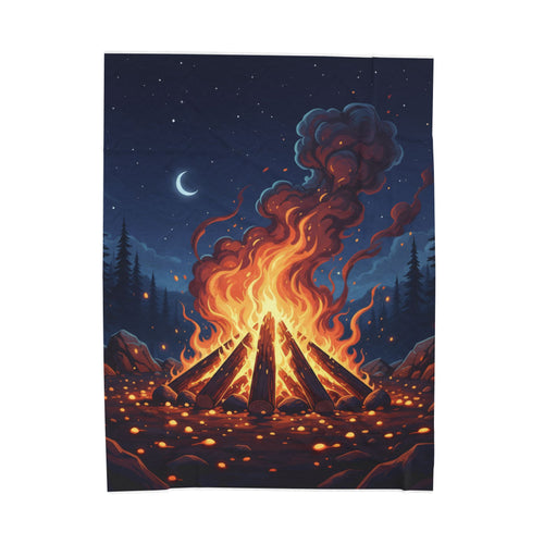 Campfire Night Velveteen Plush Blanket — Cozy Outdoor Fire Illustration Throw